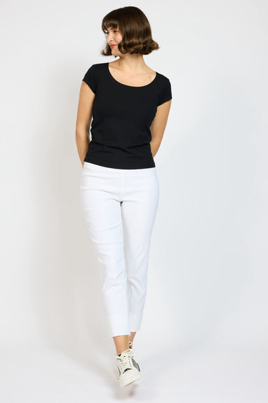 Model wearing White Mimi Slim Capri with Jersey Tiny Tee in Black