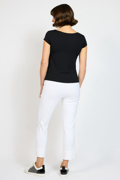 Back view of model wearing White Mimi Slim Capri with Black Jersey Tiny Tee
