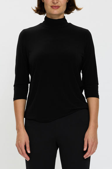 Front view of model wearing a Black polo top with 3/4 sleeves and matching capri pants
